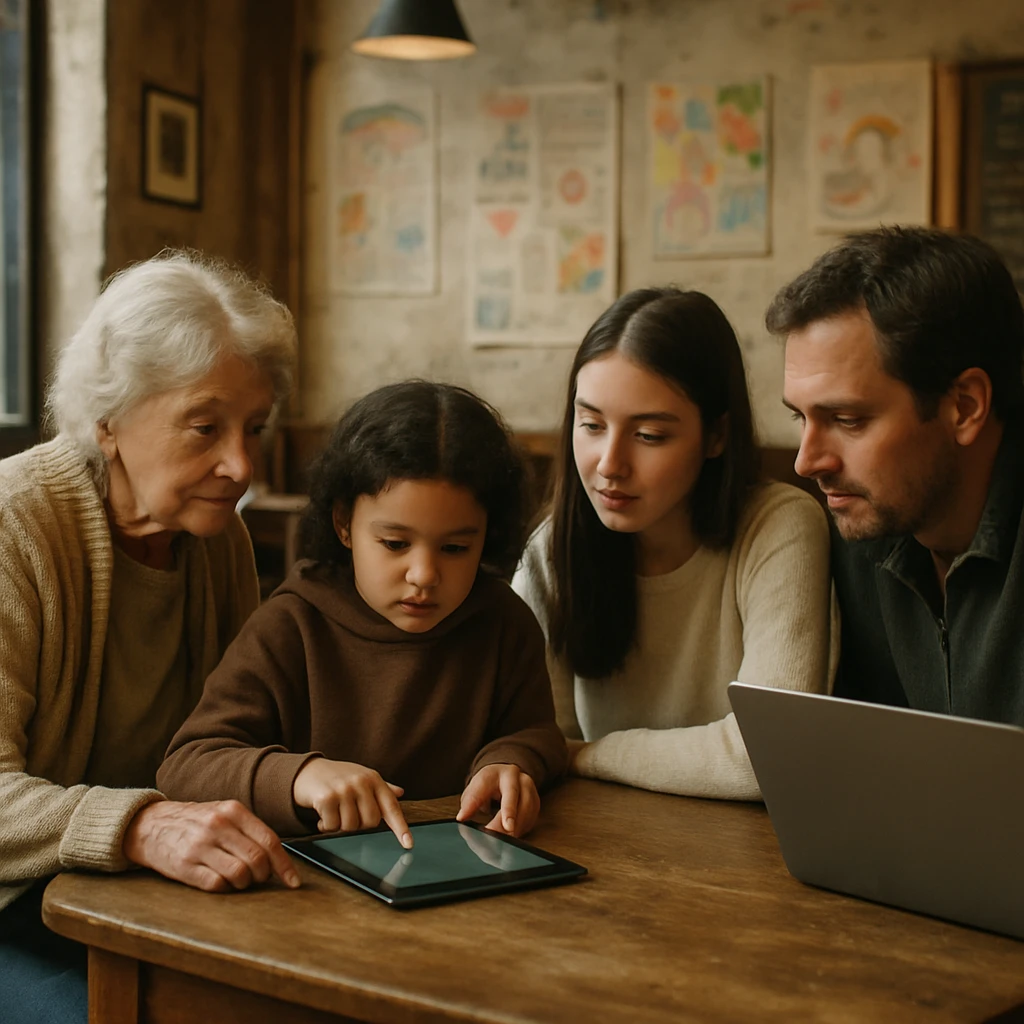 カフェの店内で世代の異なる人々がテーブルを囲みタブレットとノートパソコンに向かっている様子。
