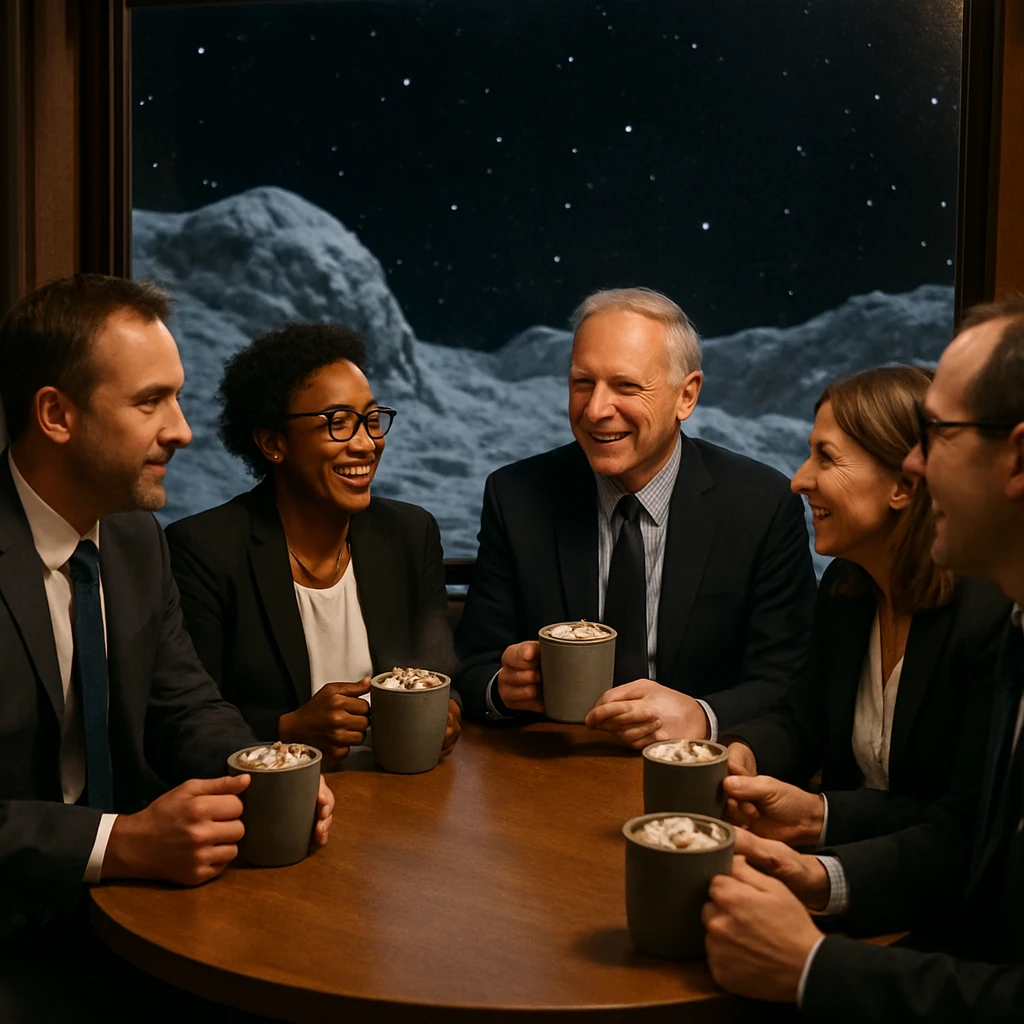 雪の積もる小惑星を望む会議室で、取締役たちが円卓を囲みホットチョコレートを手に談笑している写真。