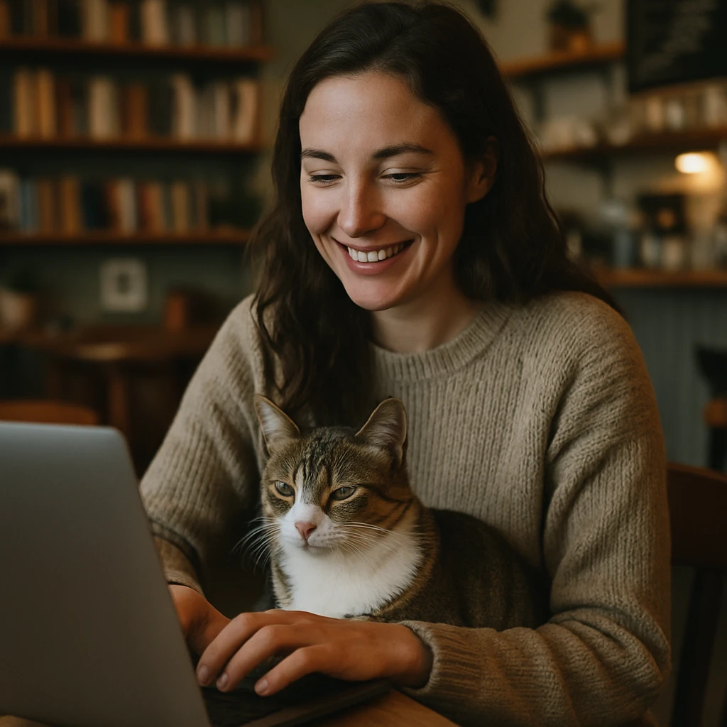 ノートパソコンで作業する女性の膝の上に猫が座り、カフェの一角でくつろぐ様子の写真。