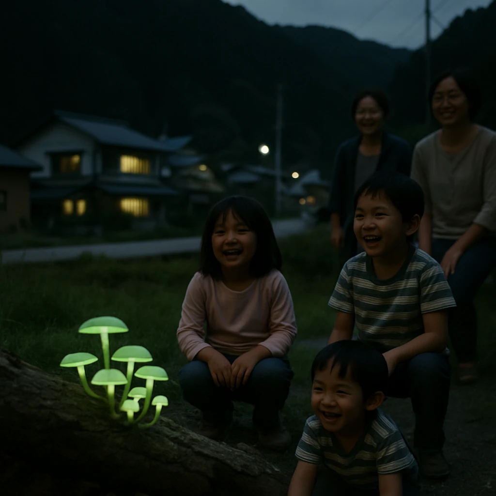 緑色に発光するキノコが朽ち木に群生し、奥にやさしい灯りがともる山村の家々と人々が映った写真。