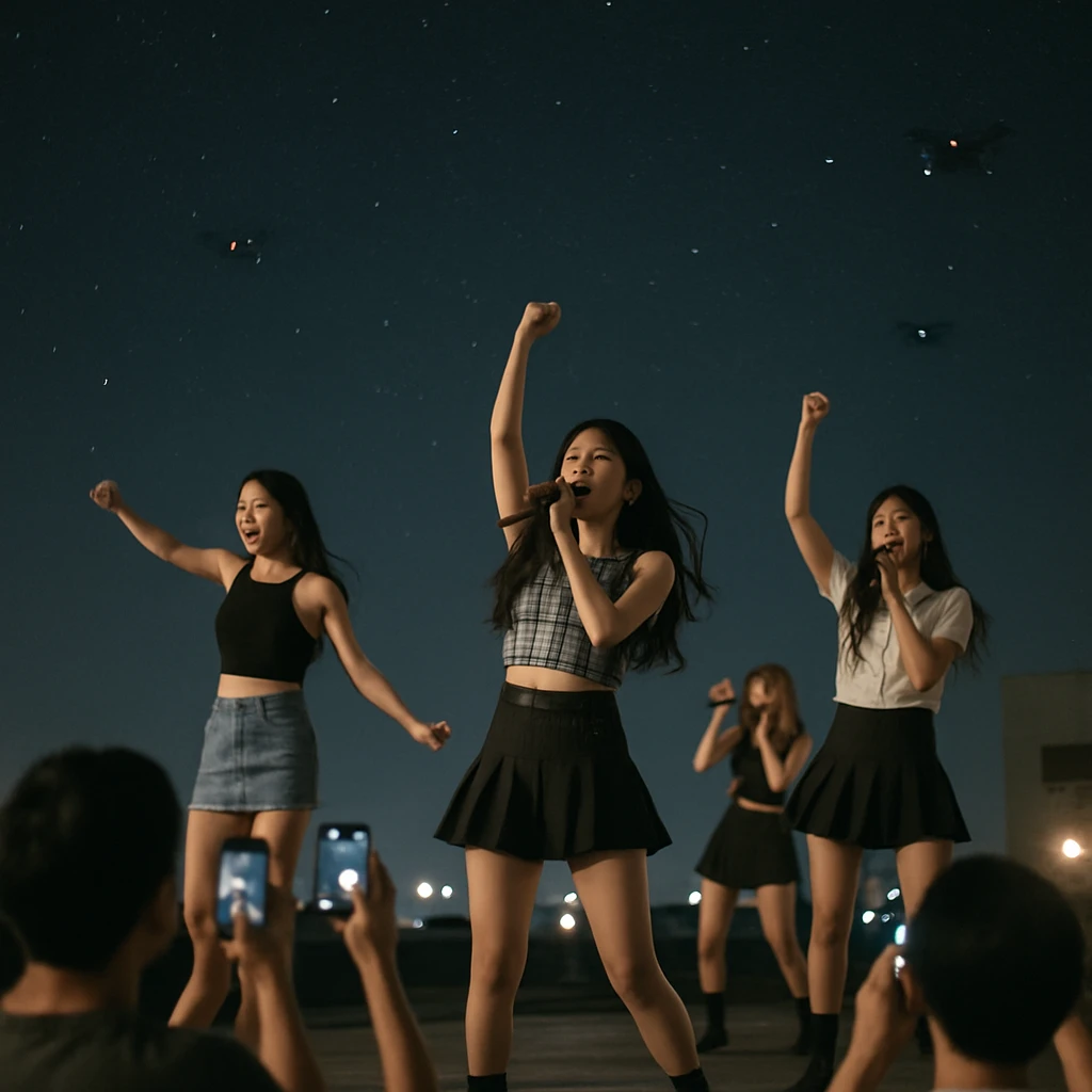星空の下、屋上でステージ衣装を着た女性アイドルグループがパフォーマンスをし、ファンがスマホを手に見上げている様子の写真。