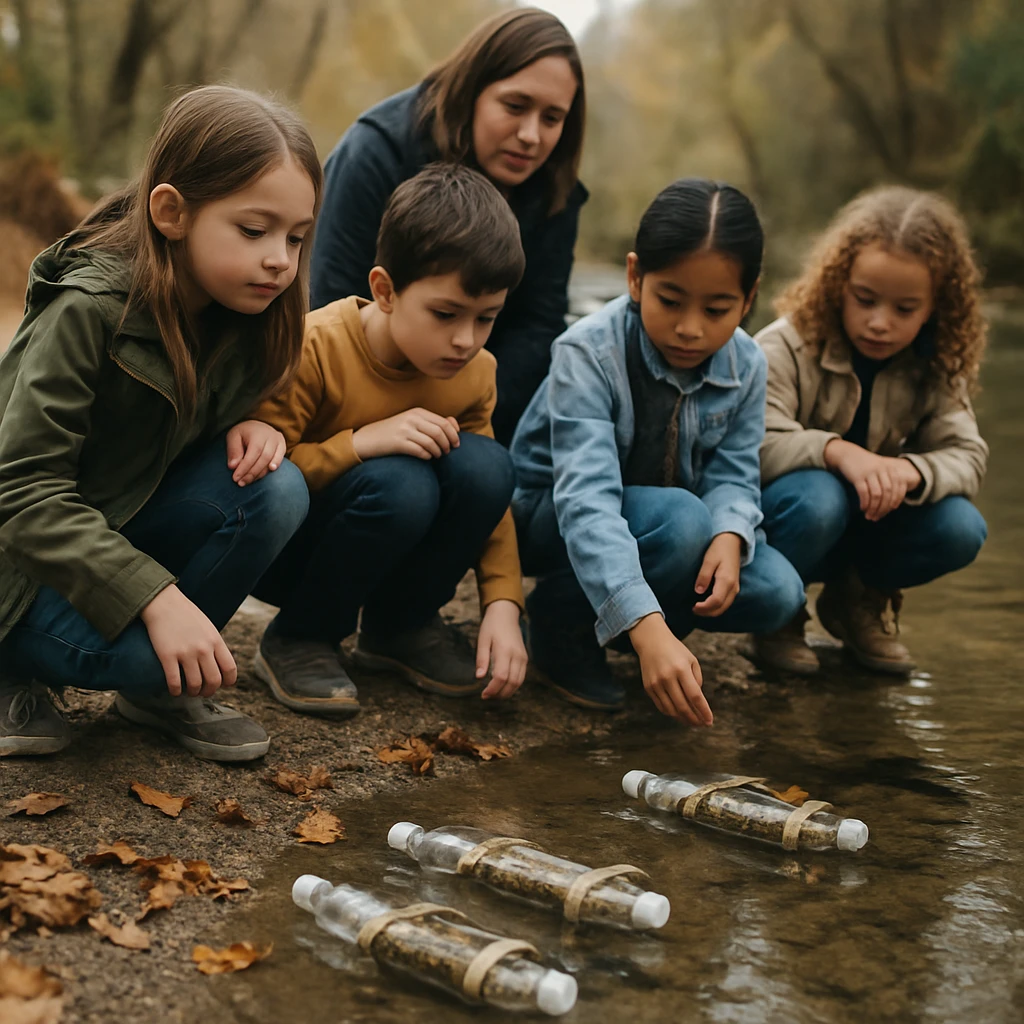 秋の河原で小学生たちと大人が手作りのペットボトル装置を川に浮かべて観察している様子。