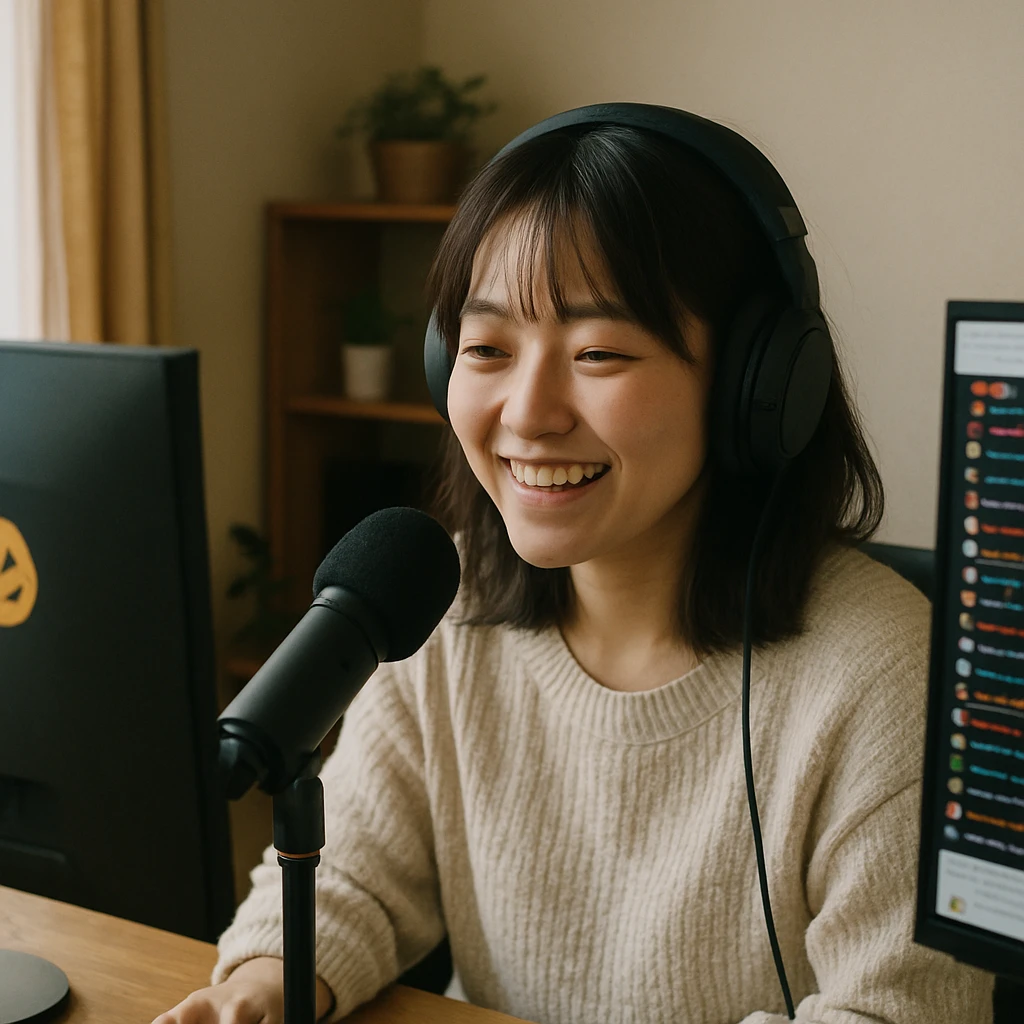 ノートパソコンの前で微笑みながら配信する若い女性実況者と、そのモニターに表示される笑顔マークや温かいコメント欄。