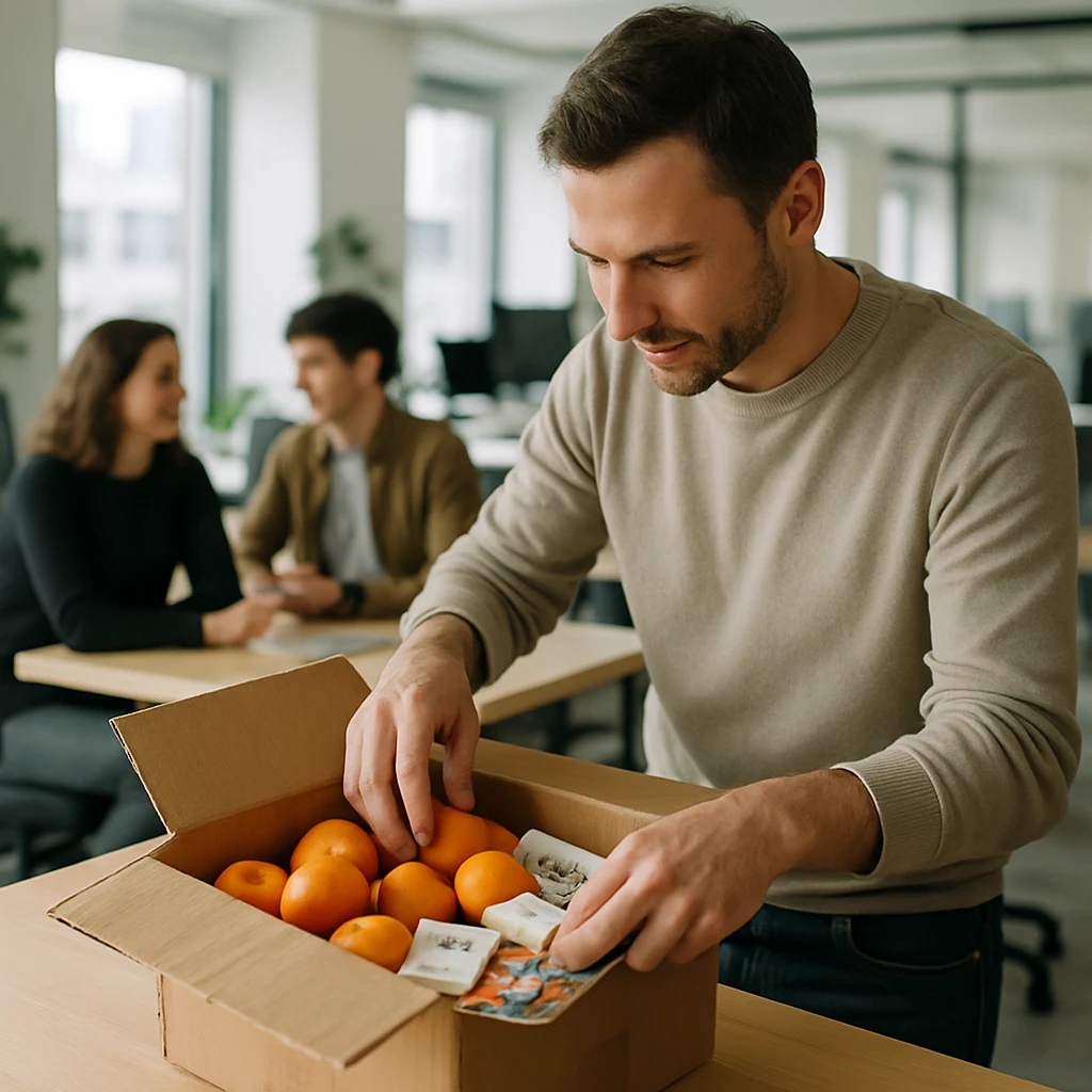 サテライトオフィスで一人の会社員がみかんや手紙、小さなお土産が入った箱を開けている様子の写真。