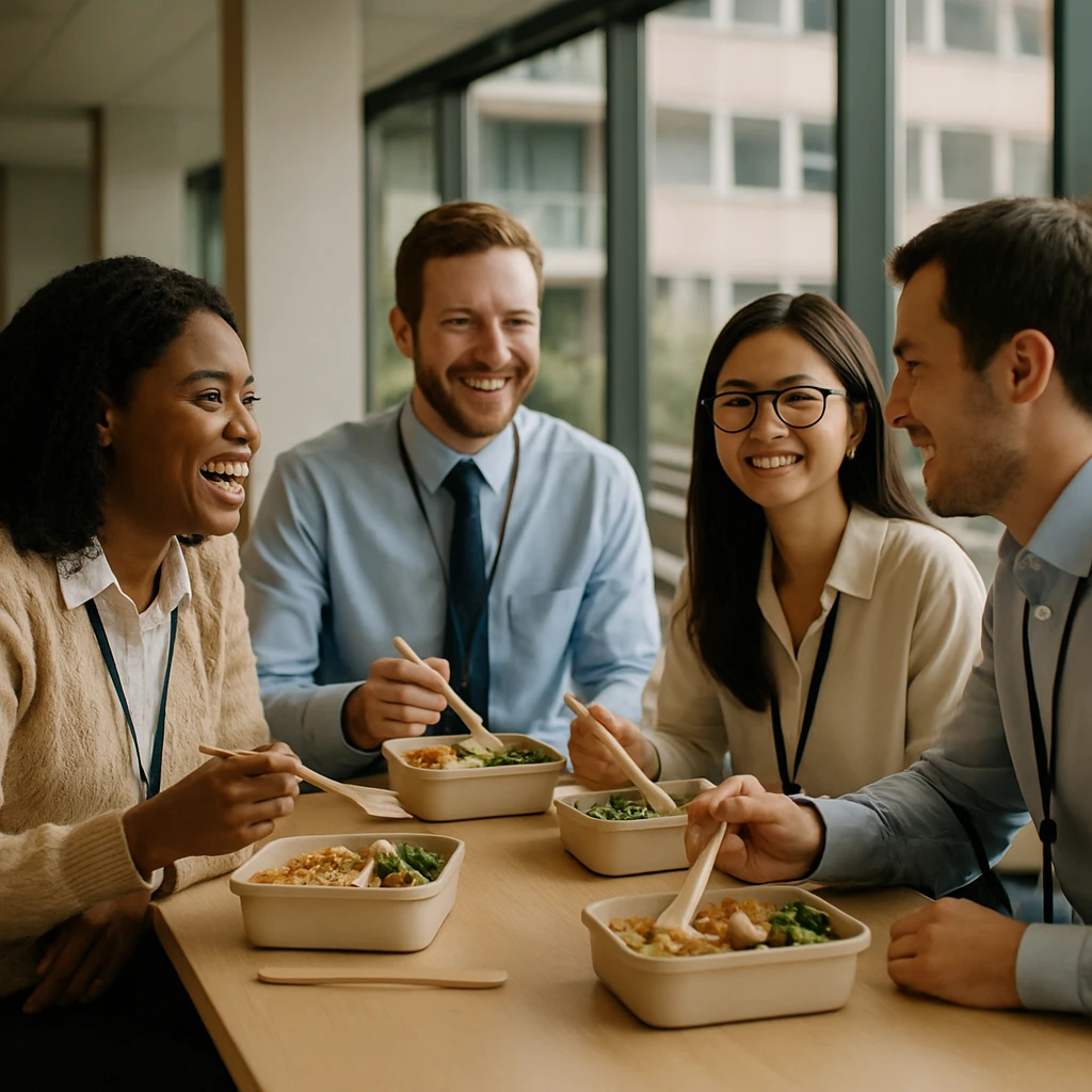 明るい社員食堂で、複数の会社員がエコなお弁当箱やカトラリーを使い、会話を楽しんでいる様子。