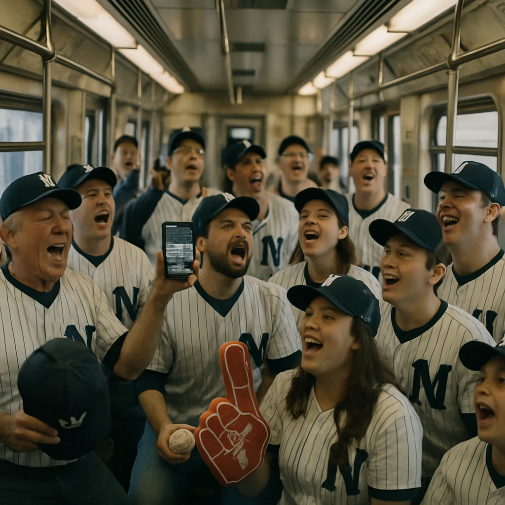 応援ユニフォーム姿の老若男女が電車内で笑顔で歌いながらスマートフォンを掲げている様子。
