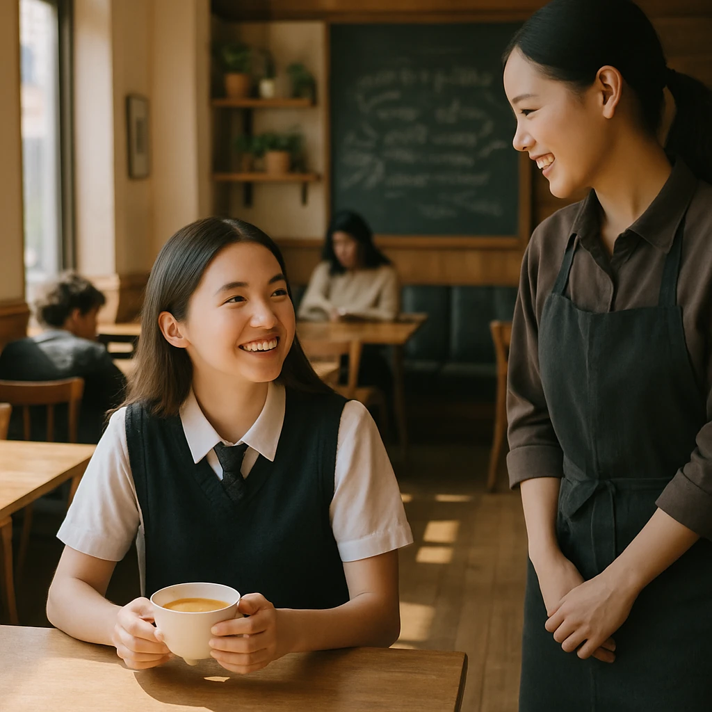 木のぬくもりを感じるカフェで女子高校生とスタッフが会話し、他の若者たちが思い思いに過ごしている写真。
