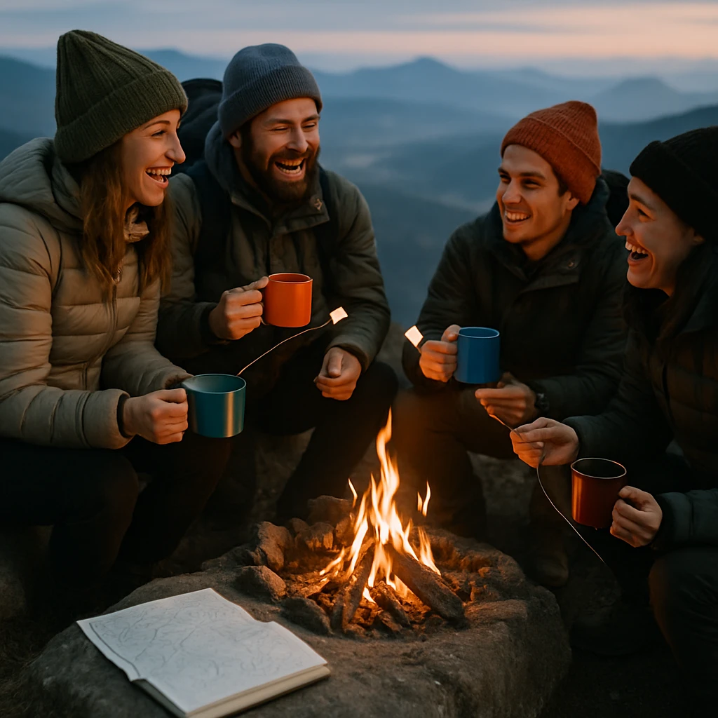 冬の山頂で登山者たちが小さな焚き火を囲み、色とりどりのマグカップと手描きの地図を手に楽しそうに語り合っている写真。