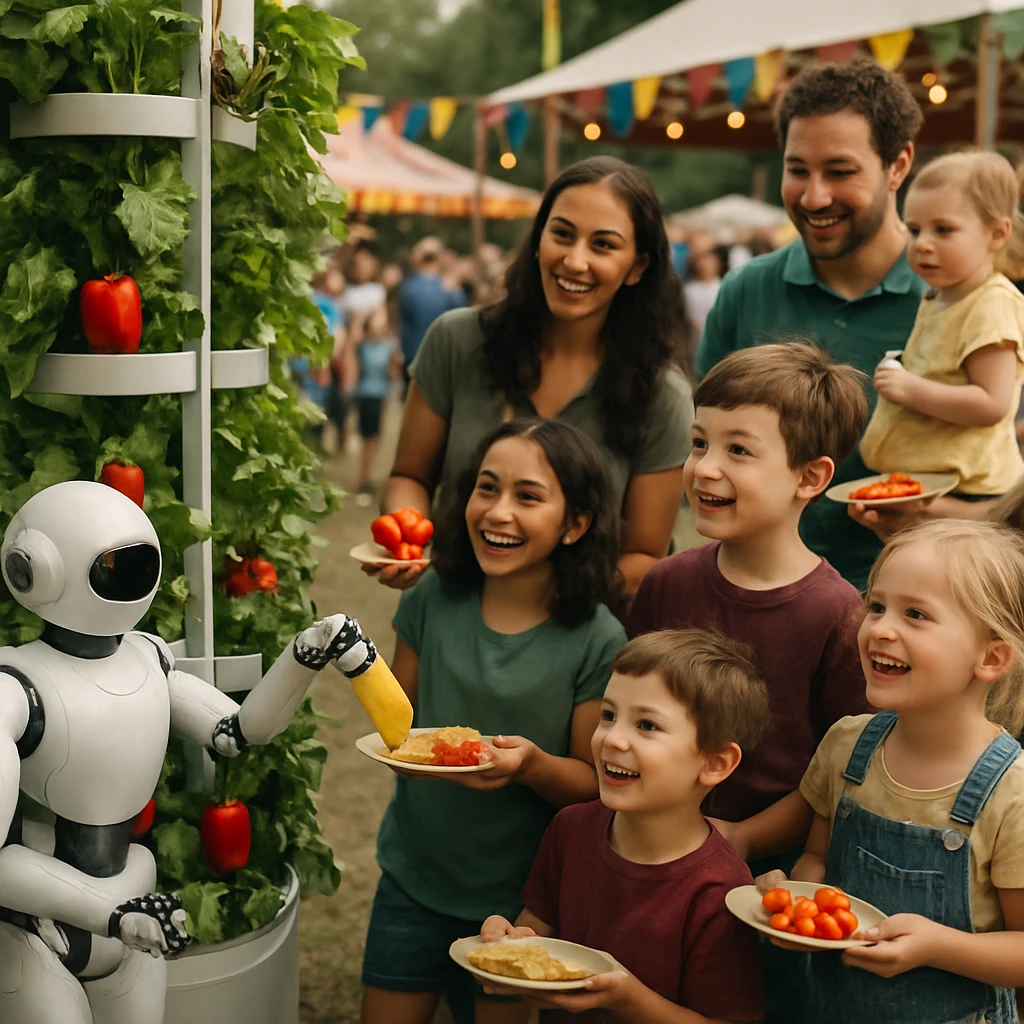 屋外の垂直型野菜タワーでロボットが野菜を収穫し、家族連れや子どもたちが笑顔で見守っている様子。