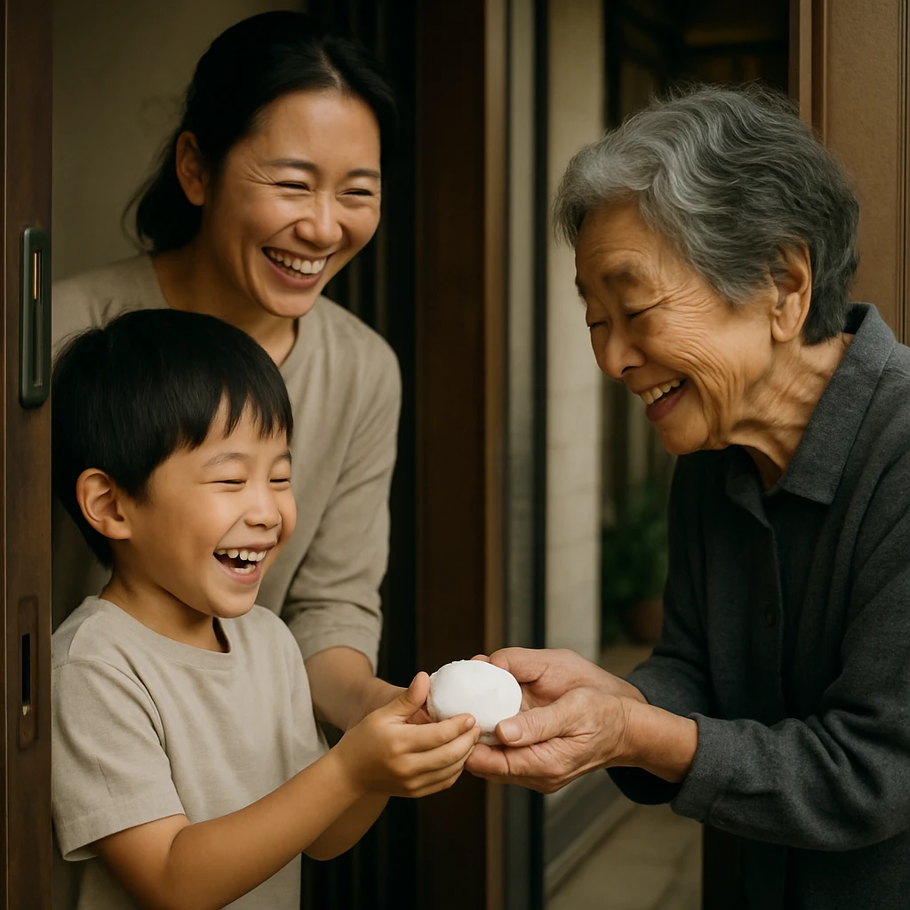 小学生の男の子と母親が、笑顔で小さな餅コインをお年寄りに玄関先で手渡している様子。