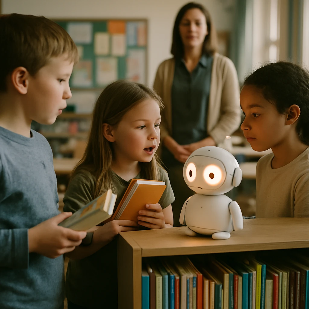 小学校の教室で本棚の上に置かれた小型ロボットを囲み、本を手にした児童たちが会話している様子の写真です。