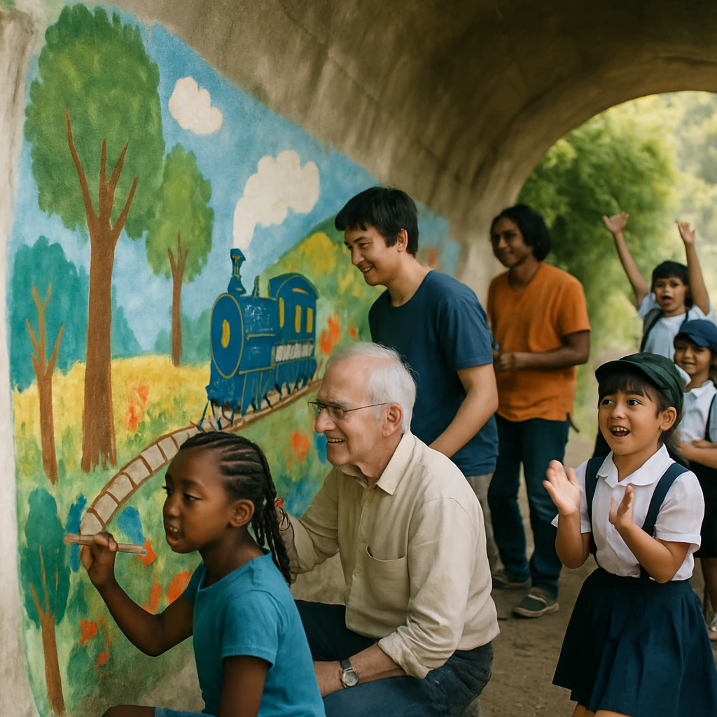 多国籍の人々が古いコンクリートトンネルの壁に鮮やかな絵本の森や夢の列車を描き、地元の小学生たちが見学している現場の写真。