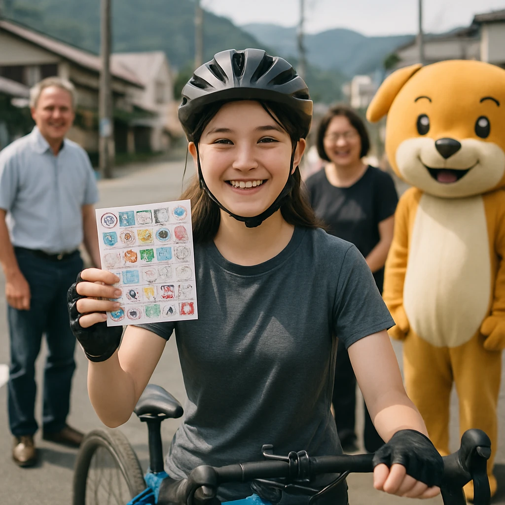 町のサイクルロードでクロスバイクの女子高校生が笑顔でラリーカードを掲げ、町民や着ぐるみキャラクターが隣で微笑んでいる写真。