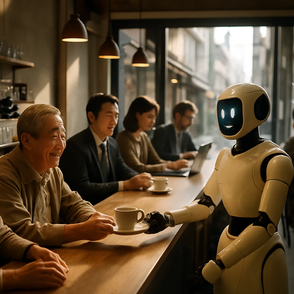 日本の商店街のカフェで、バリスタロボットが来店者にコーヒーを提供する朝の光景。