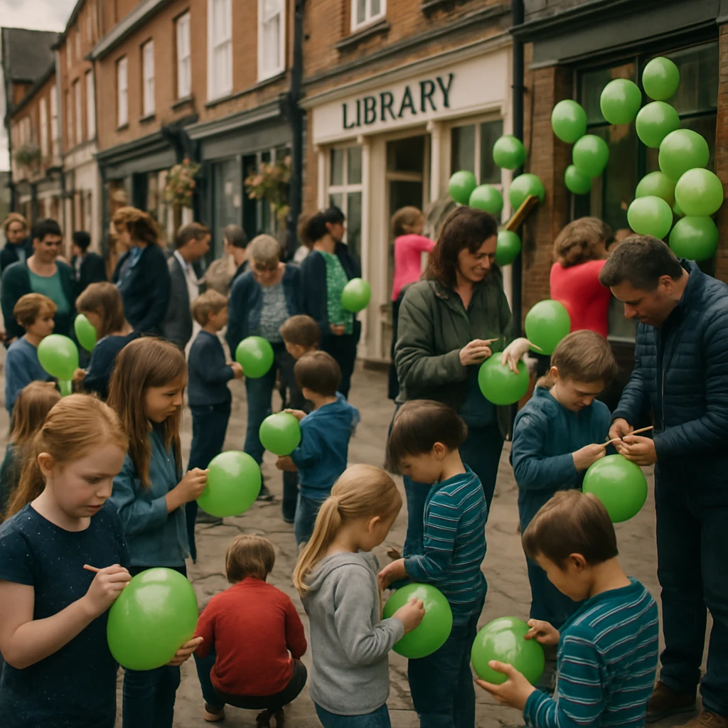 町の広場で子どもと大人が緑の風船に手書きメッセージを書き、商店街や図書館に飾っている様子。