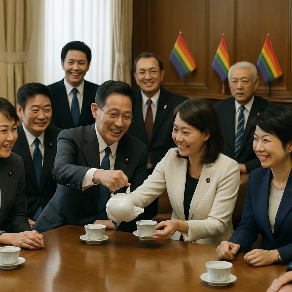 国会議員たちが会議室の円卓でティーセットを囲み、互いにお茶を注ぎ合いながら穏やかに談笑している様子。