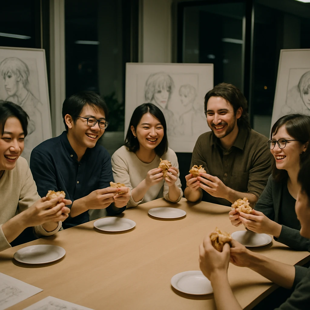 編集部の会議室で編集者や若者たちが手作りサンドイッチを囲み、机上にはキャラクターのラフ画が並べられている様子の写真。