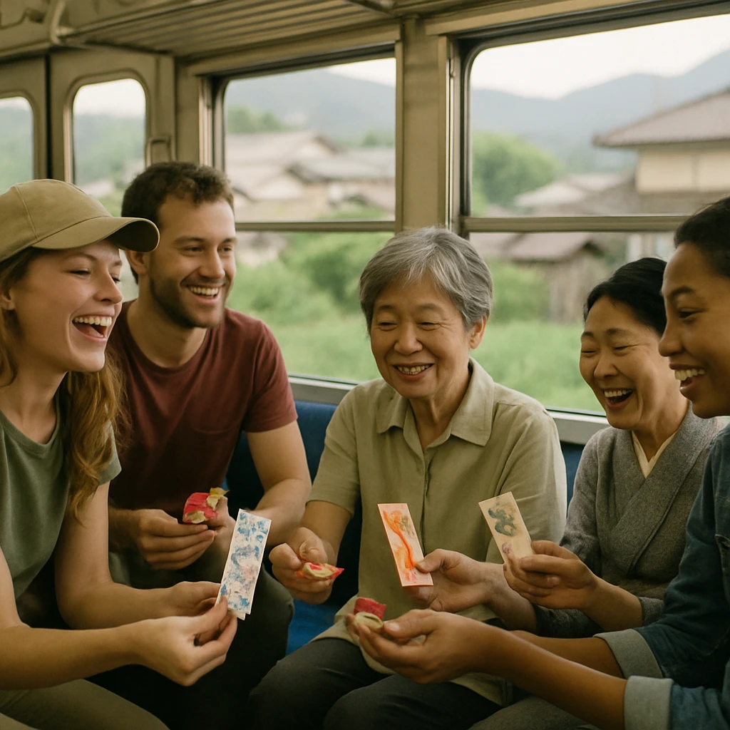 地方の列車の車内で、訪日外国人旅行者と日本の地域住民が笑顔で手作りのしおりや小さな工芸品を交換している様子。