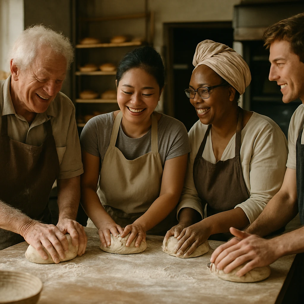 多国籍のスタッフたちがパンをこねながら笑い合うベーカリーの厨房の様子。