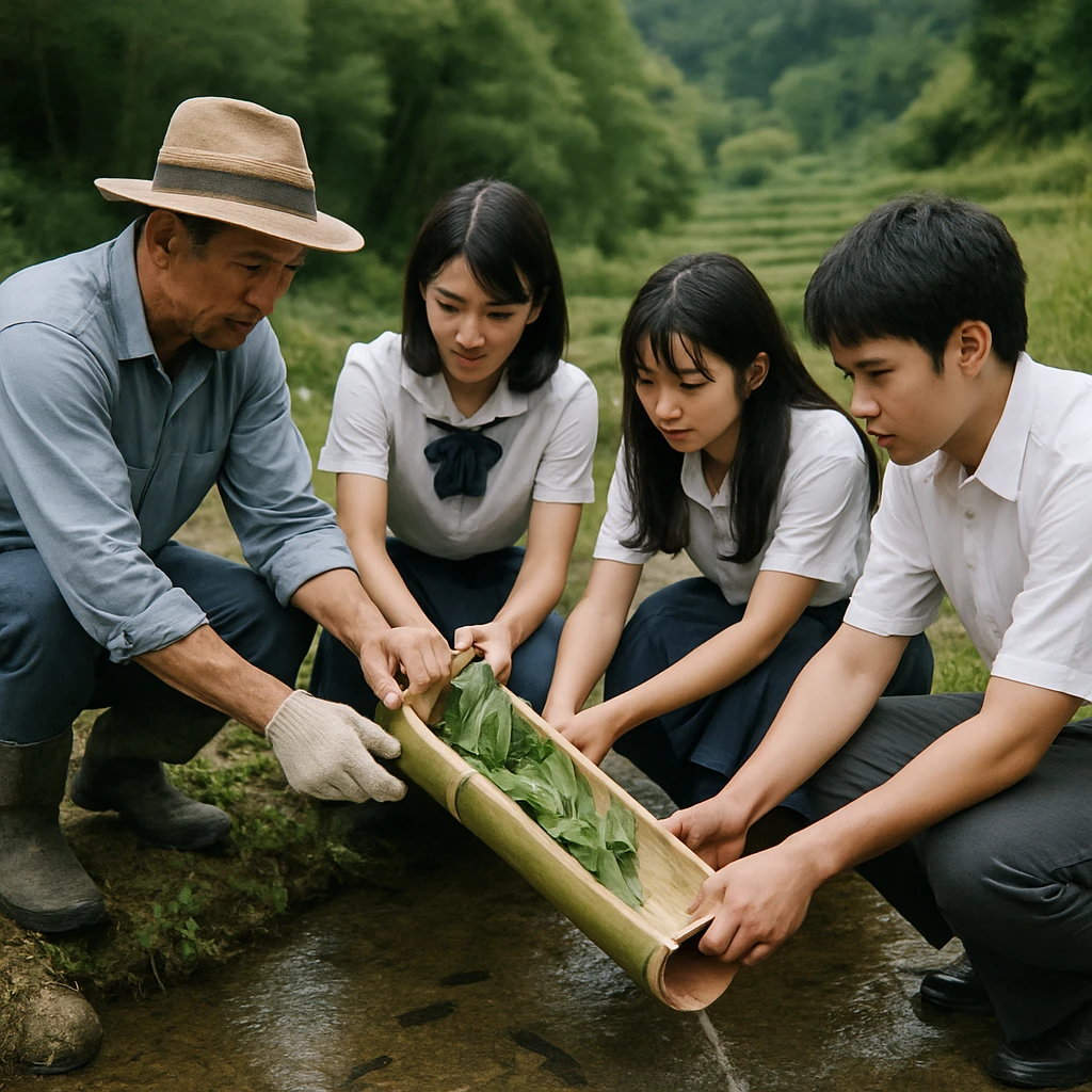 里山の清流で高校生と農家の男性が竹と落ち葉を使ったろ過装置を設置している様子の写真。