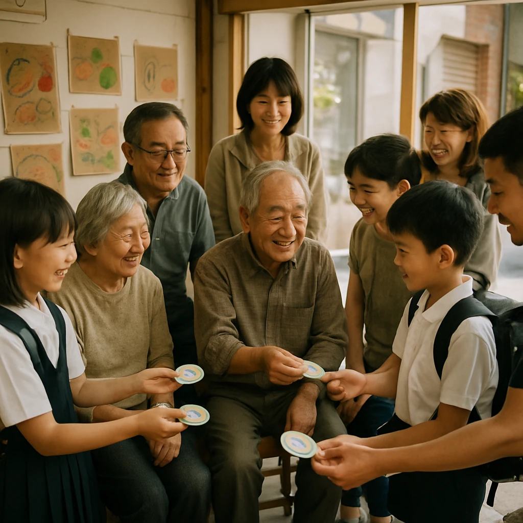 小さな店舗でランドセル姿の小学生が高齢者や地域の大人と手作りコインをやりとりする様子。
