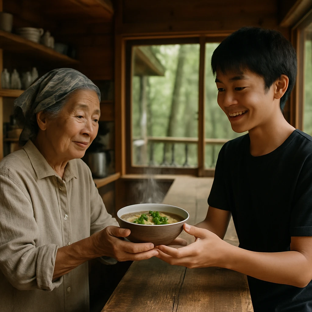 森のカフェで高齢の女性が中学生の男の子に山菜入りのスープを手渡している様子。