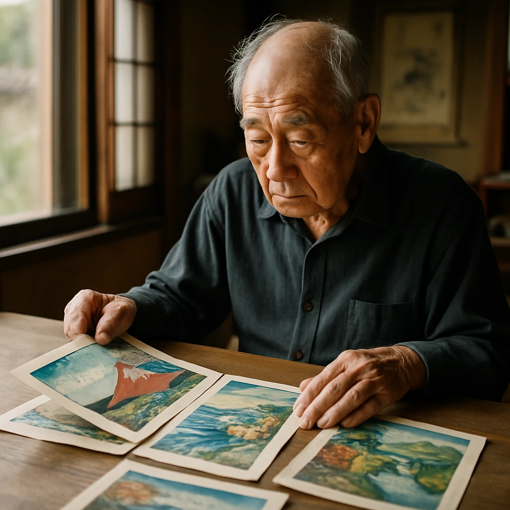 北陸の山間部の家で木版画作品を広げる高齢の男性が静かに座っている様子。