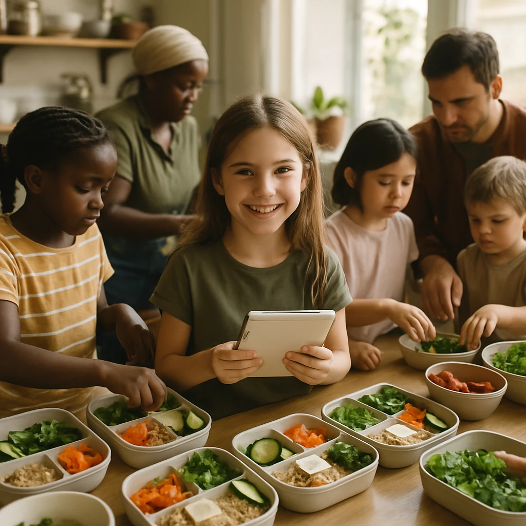 朝のコミュニティキッチンで子どもや大人が色とりどりのお弁当を笑顔で作っている様子の写真。