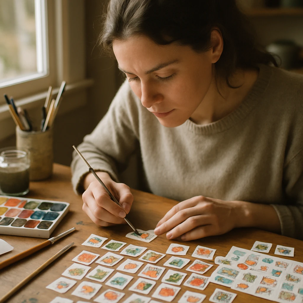 優しい光が差し込む工房で、女性が手作り切手を丁寧に描いている様子の写真です。