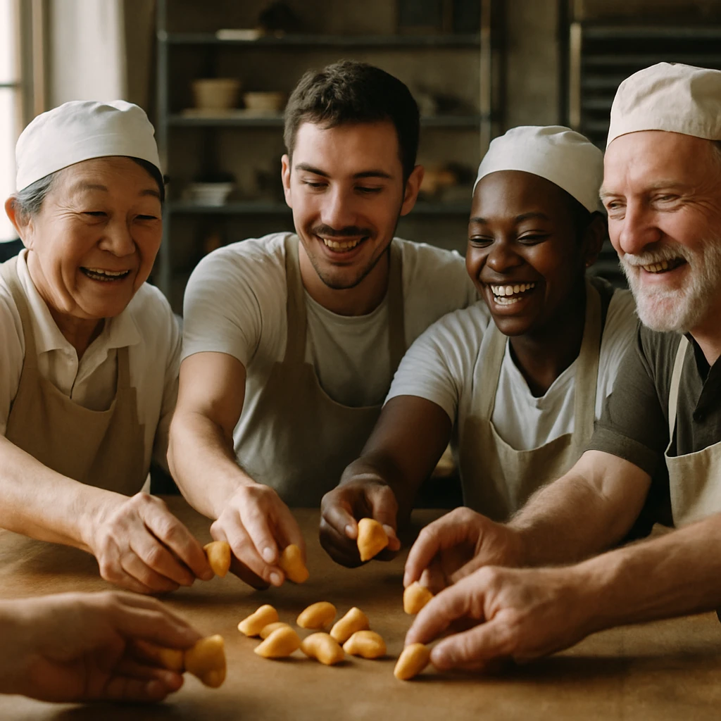 和菓子工房で多様なスタッフたちがテーブルを囲み、おみくじクッキーを手に微笑んでいる様子。