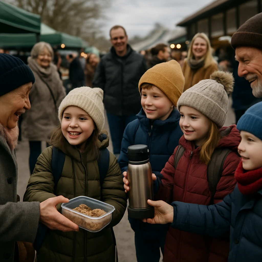 冬の屋外市場で子どもたちが高齢者に手作りのおやつとお茶を元気よく渡している様子。