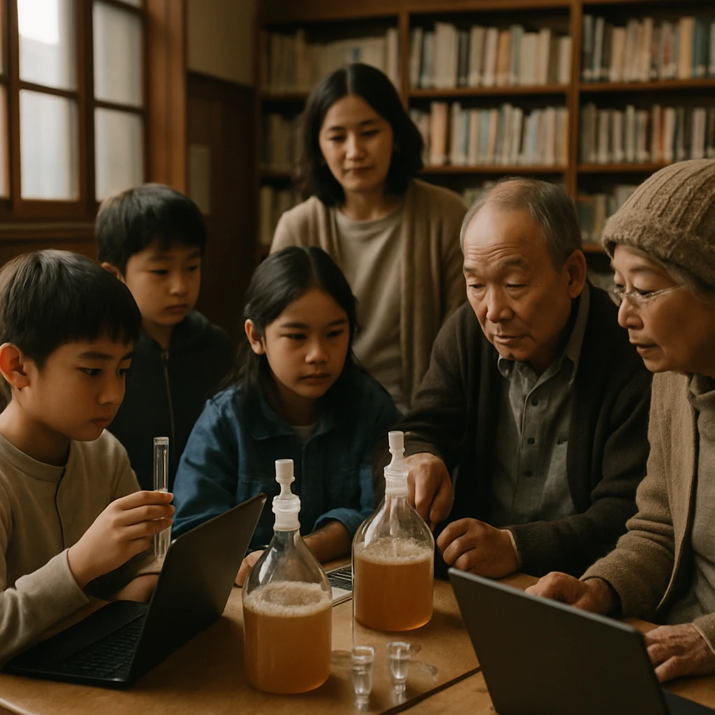 図書館の一角で子どもや高齢者がパソコンや発酵タンクを囲む様子の実写風写真。