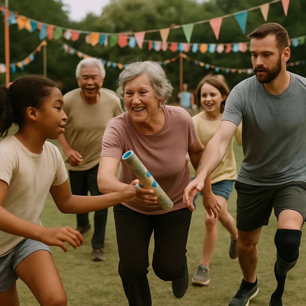 屋外の運動会会場で、子どもやシニア、義足のアスリートがリサイクル品で作られたバトンを手渡す瞬間の写真。
