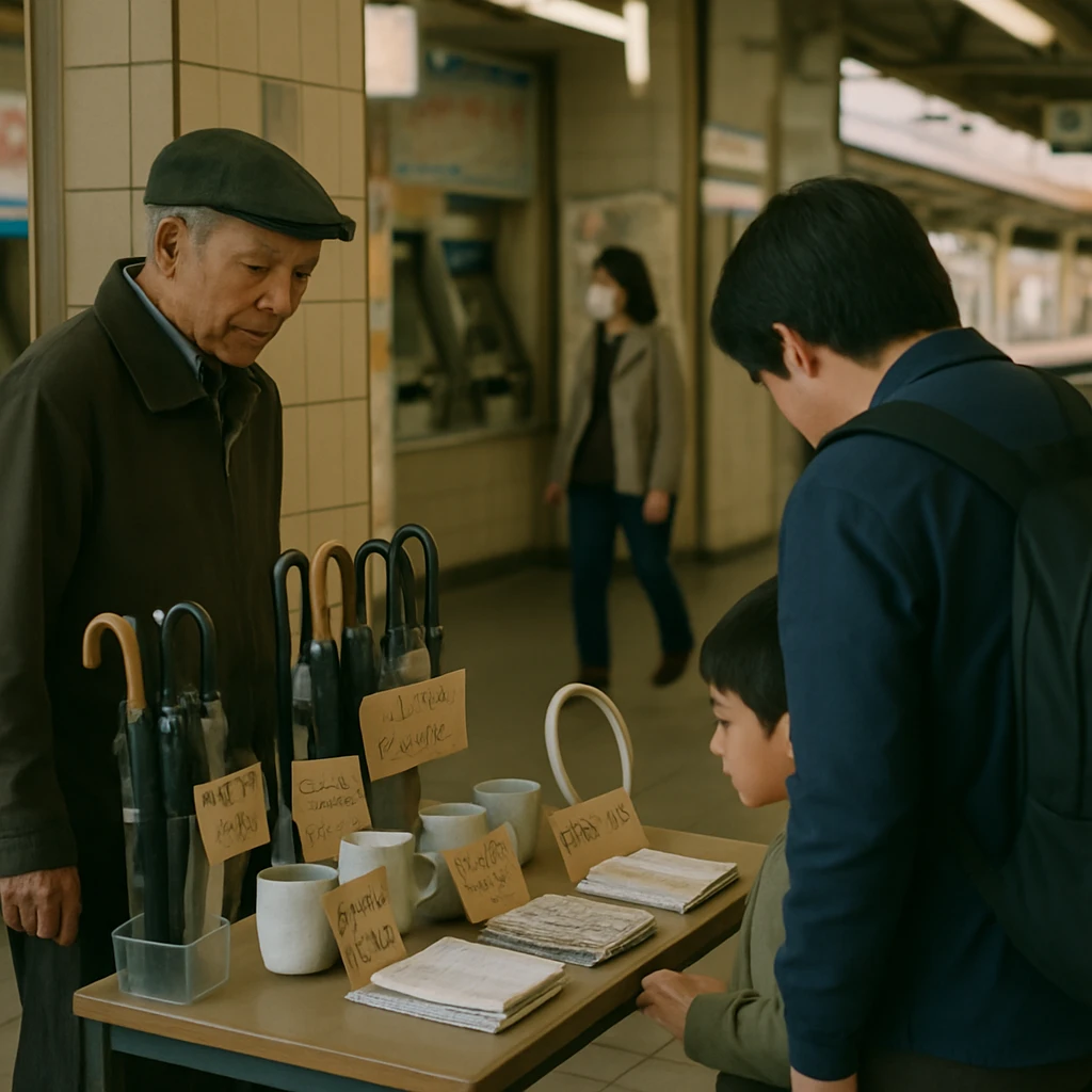 駅構内の一角に日用品が並べられ、親子や高齢の男性などが興味深そうに見ている様子の写真。