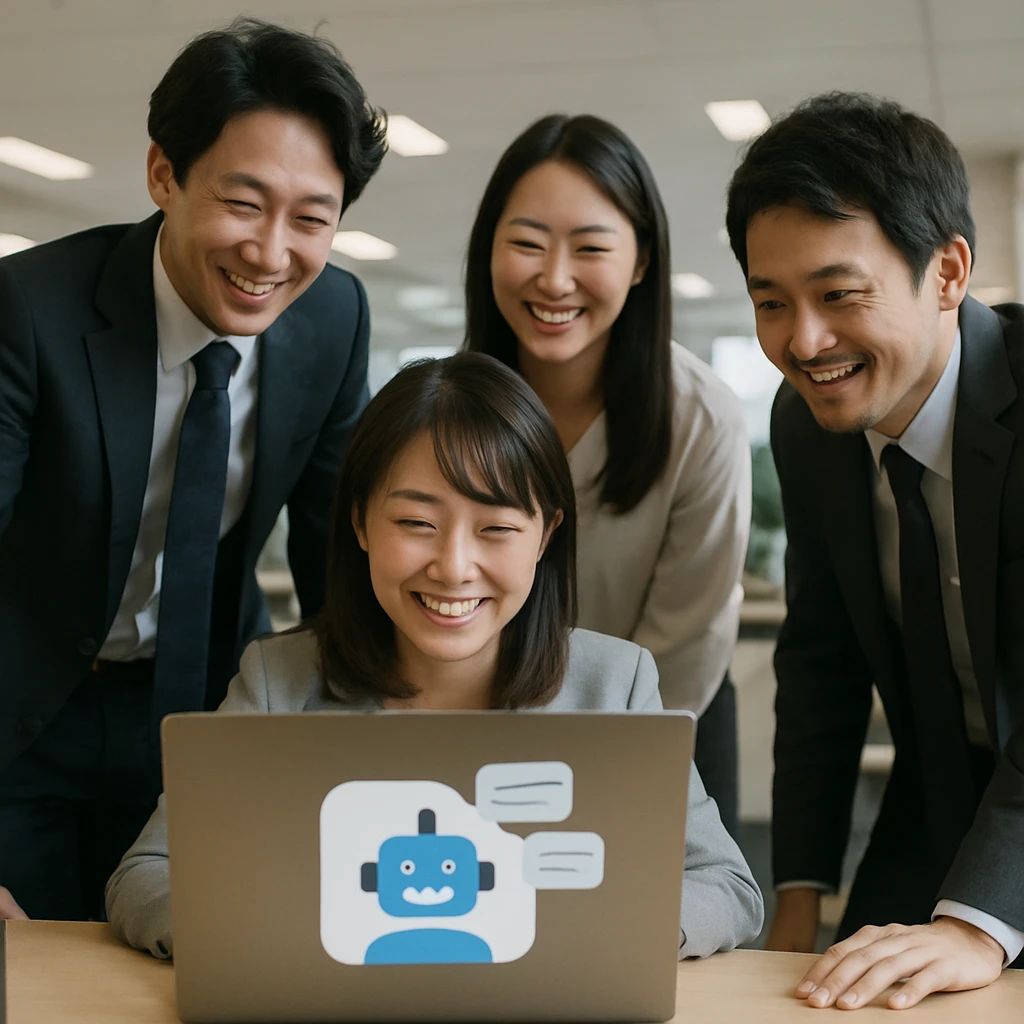 オフィスのデスクを囲み、ノートパソコンのチャット画面を見ながら笑顔で談笑する日本人営業チームの様子。