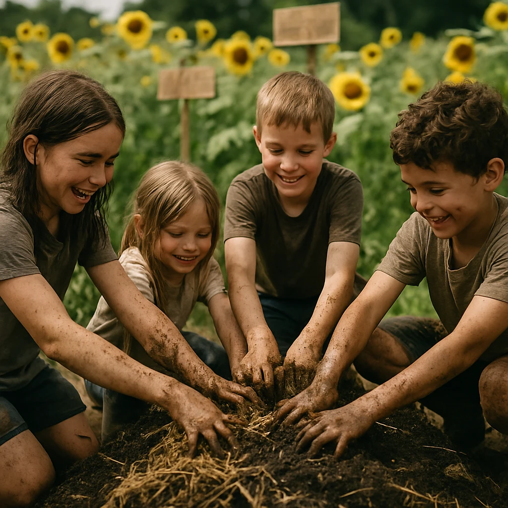 満開のひまわり畑で、泥だらけの小学生たちがわらと堆肥を手で混ぜている様子。