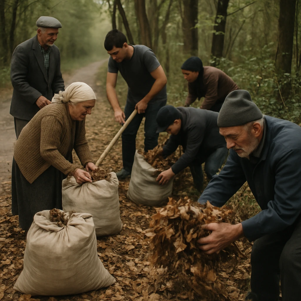 村人たちが森の中で落ち葉を集めて袋に入れている様子の実写写真。