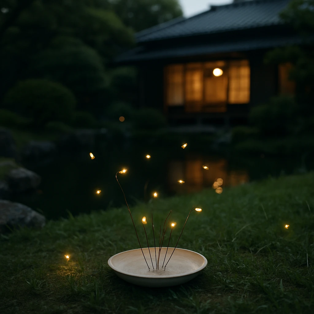 薄暗い日本庭園でホタルが草むらの上に光り、近くに小さなセラミック板が設置されている様子。