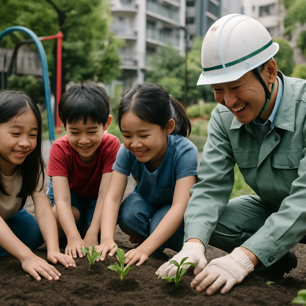 都心の小さな公園で子どもたちと清掃作業員が一緒に土を触りながら苗を植えている様子。