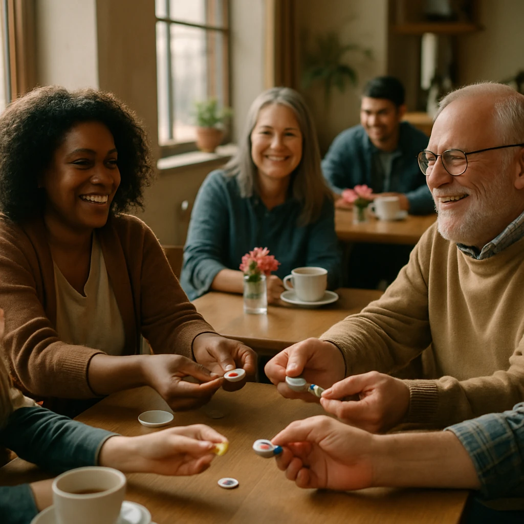 カフェラウンジでさまざまな人々が笑顔でバッジを交換している様子のリアルな写真。