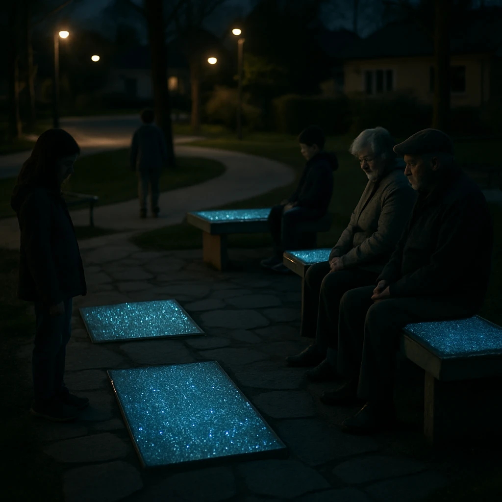 夜の公園で量子ドット結晶プレートがベンチや石畳を星座のようにやさしく光らせ、子どもやお年寄りが静かにその光を見つめている様子。