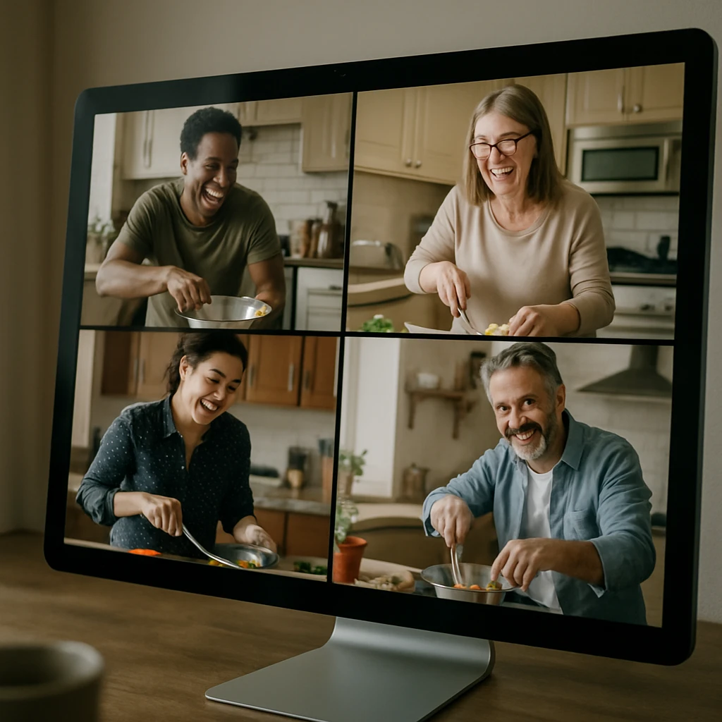 複数の家庭のキッチンがビデオ通話画面に並び、人々が笑顔で料理している様子の写真です。