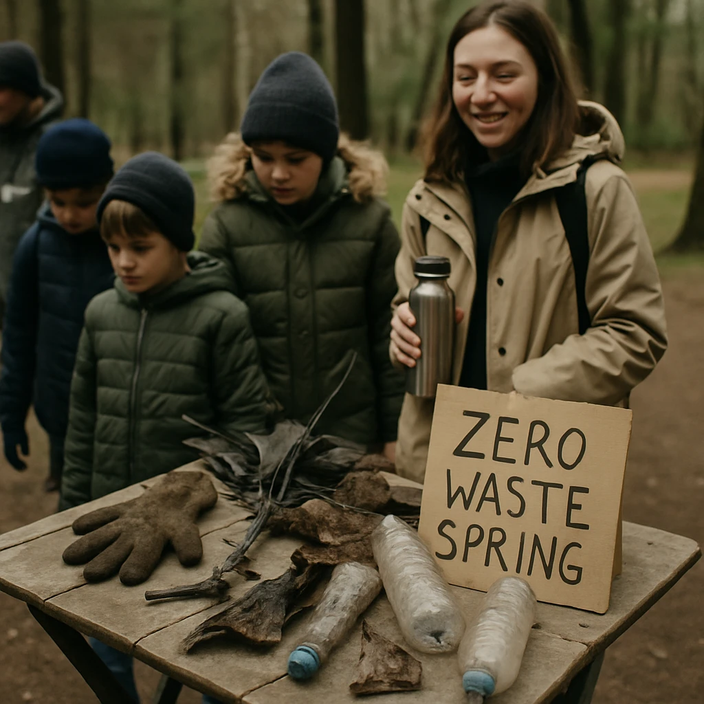 北国の森公園に設置されたごみゼロの泉のテーブルに、手袋や壊れた傘などさまざまな落し物が並び、来園者が興味深そうに集まっている様子。