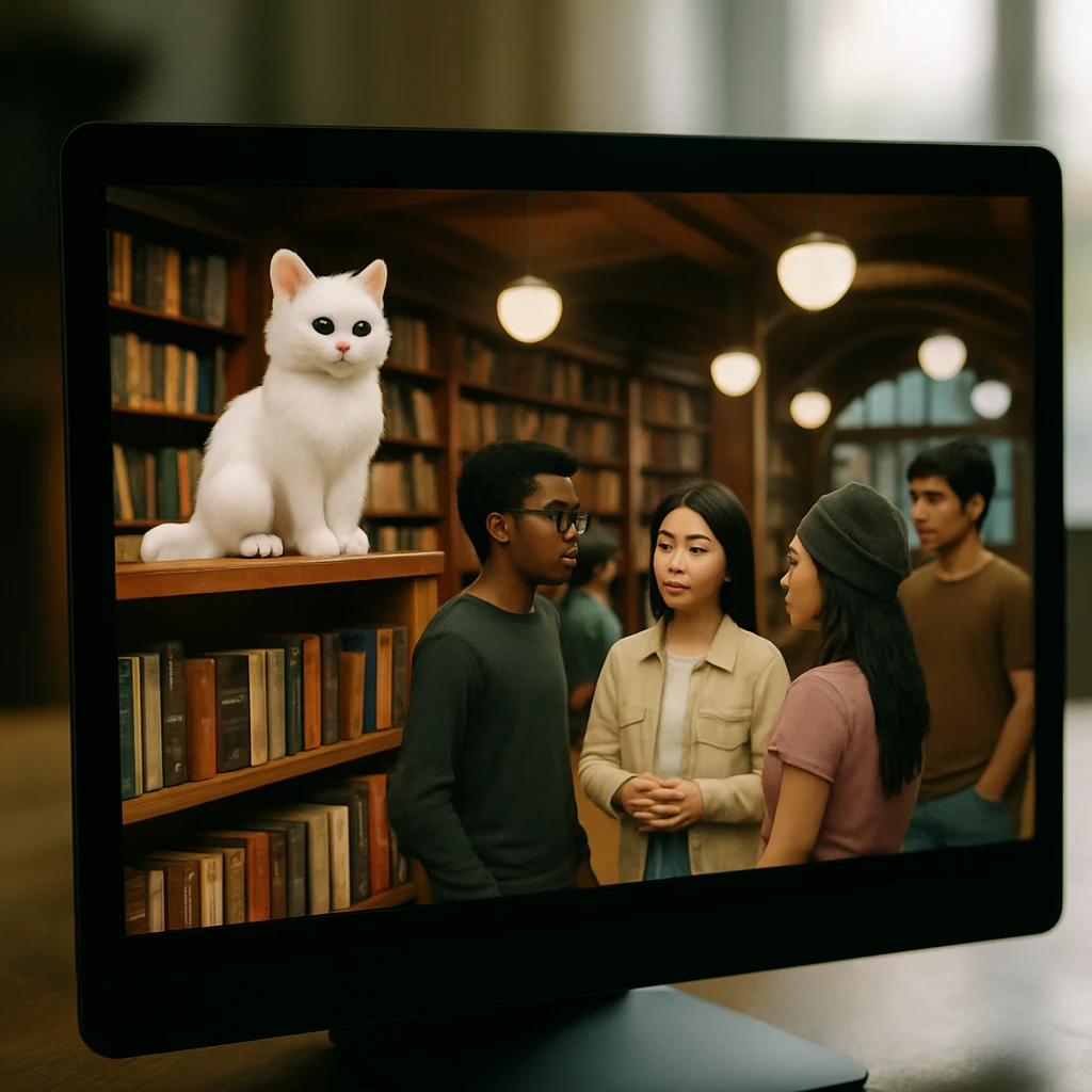 パソコンの画面上にメタバース空間の図書館と、青い目の白猫アバター「ルミ」と若者のアバターが映っている様子。