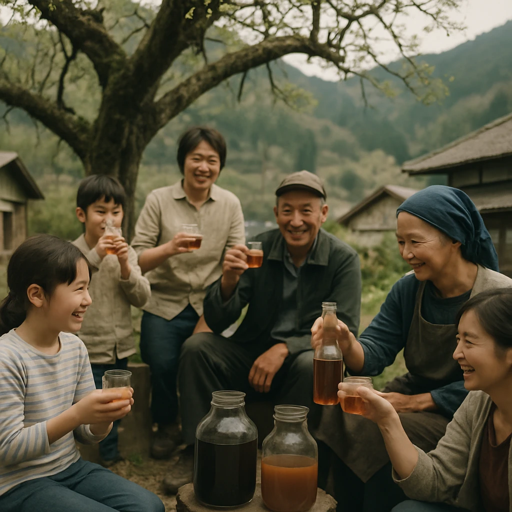 梅の木の下で村人たちが手作りの梅ジュースを囲んで笑顔で集まっている光景。