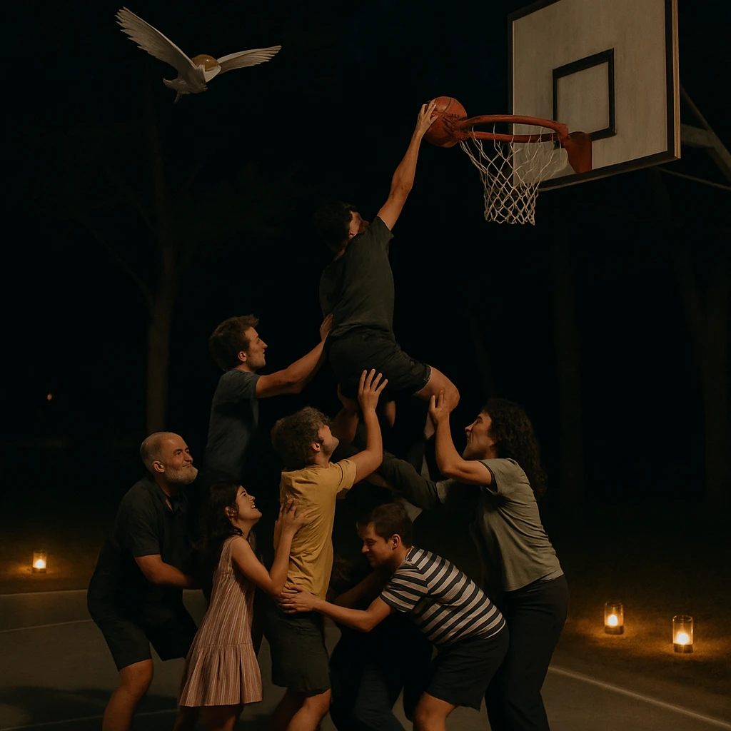 夜のバスケットコートでランタンが灯る中、老若男女が若者を支えダンクに挑戦し、頭上にはフクロウが飛んでいる様子の写真。