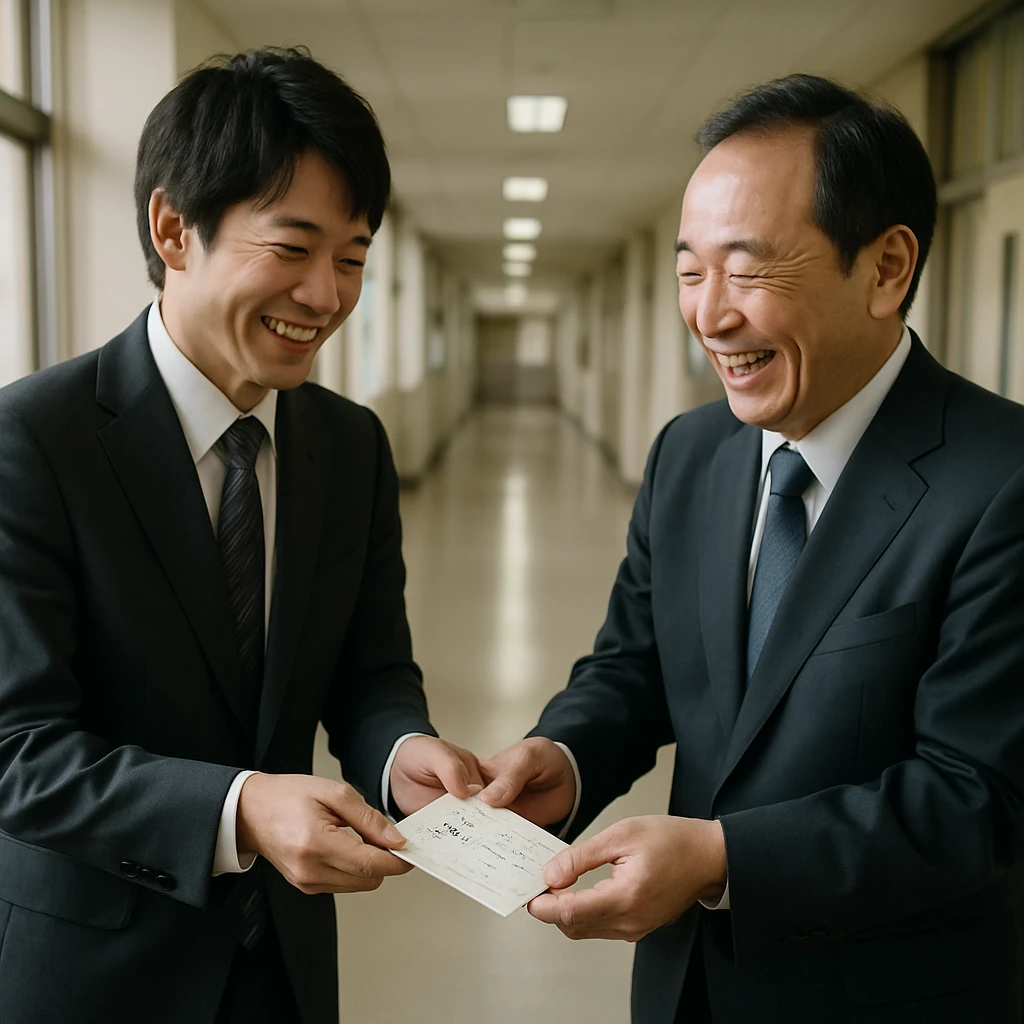 日本の官公庁の明るい廊下で、職員が手書きの証明書を微笑みながら同僚に手渡している場面。