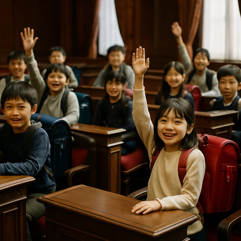 議事堂の中でカラフルなランドセルを背負った小学生たちが、机を囲んで明るく集まっている様子。