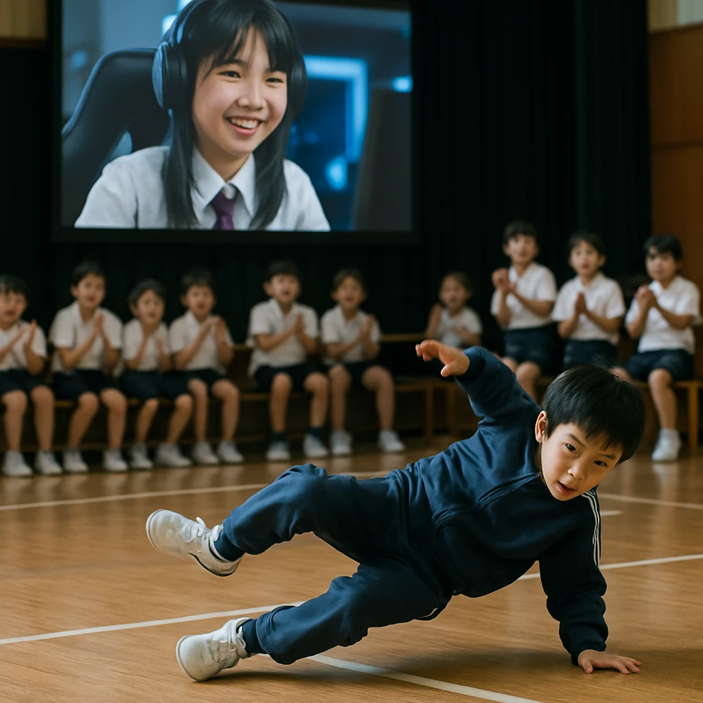 体育館でブレイキンを踊る小学生の男の子と、後方の大画面に映るヘッドホン姿の女の子が競技中の様子を捉えた写真。