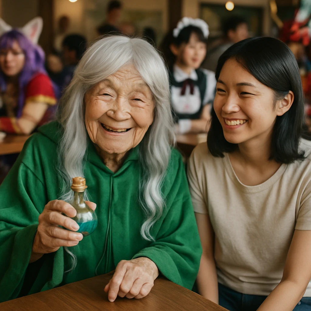 コスプレをした90歳の女性が孫と並んでカフェのテーブルに座り、楽しく談笑する様子。